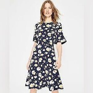 Boden “Alexis” Floral Dress Fluted Sleeves Button Detail Navy Size 6 Lined